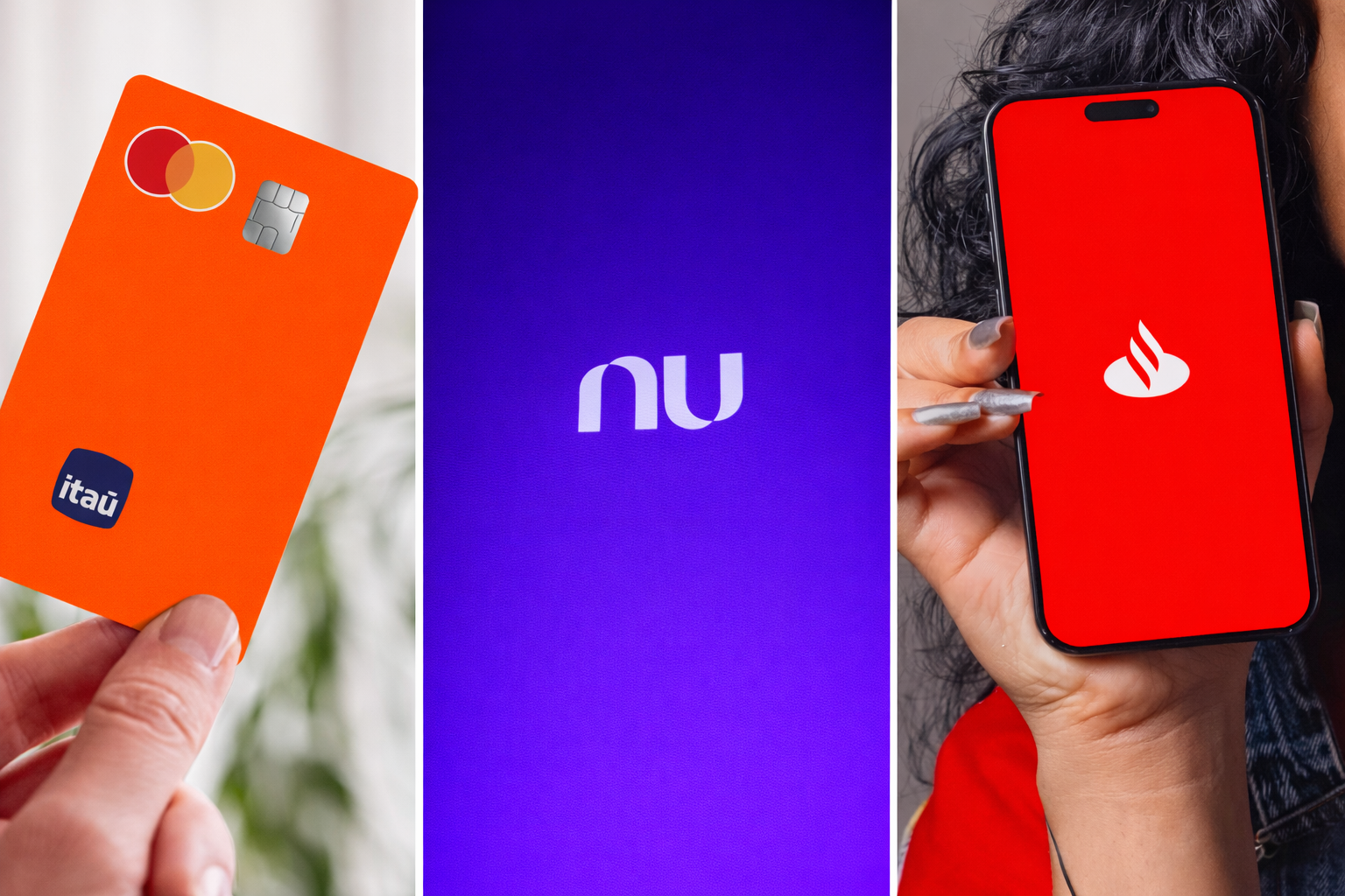 Montagem contendo imagens do cartão do Itaú, app do Nubank e app do Santander para matéria Como fazer Pix no cartão de crédito 5 bancos que oferecem a função